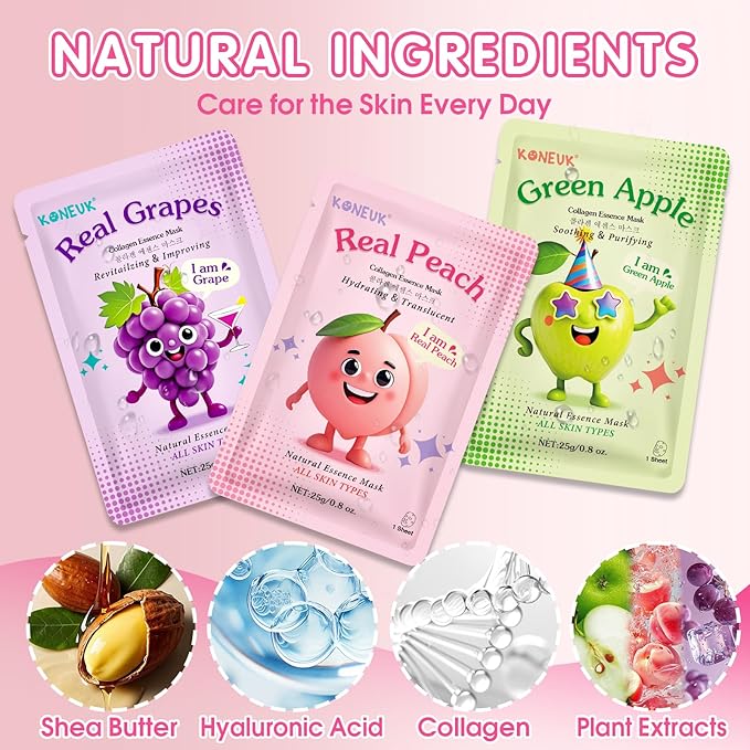 14 Pack Fruit Face Masks Skincare for Kids, Sheet Hydrating Facial Mask
