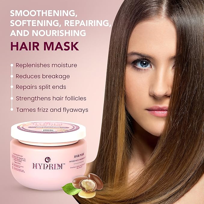 Hydrim Hydrating Deep Conditioning Hair Mask for Dry, Damaged Hair – Infused with Argan Oil & 10 Nourishing Oils, Smooths Frizz, Leaves Hair Soft & Shiny, Fresh Floral Aroma, 8.45 fl oz