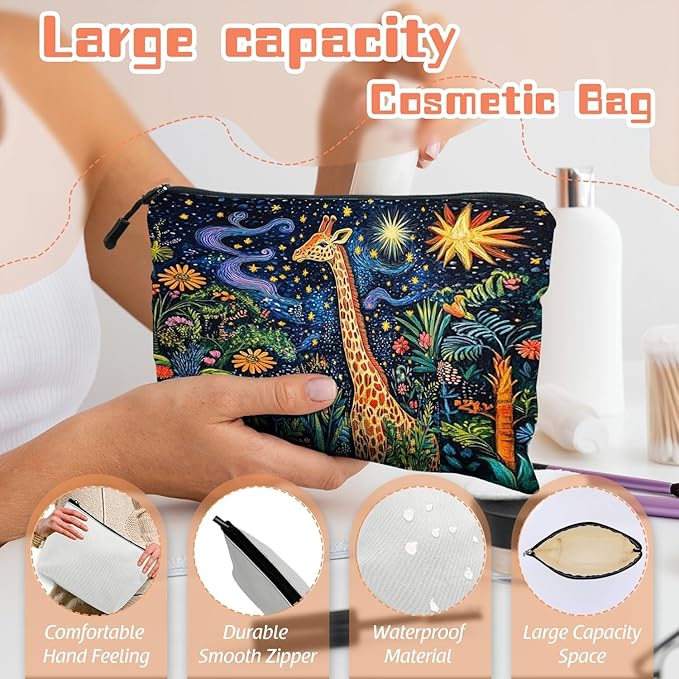 Scribesense Cosmetic Bags Travel Makeup Toilet Case Waterproof Pouch for Women Girls 6.7X9.45inches - Giraffe in A Starry Jungle in A Colorful Illustration