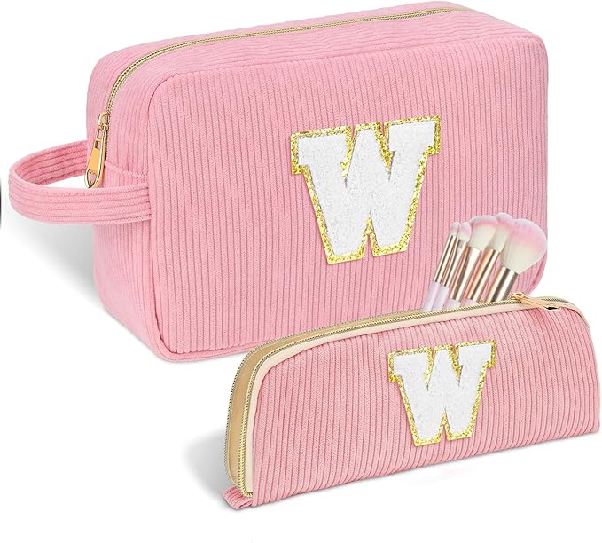 Sernaxi Personalized Initial Makeup Bag Trendy Stuff Corduroy Cosmetic Bag Travel Toiletry Bag, Valentine’s Day Gift Makeup Organizer Case & Makeup Pouch for Women teen Girls Mom Girlfriend Wife