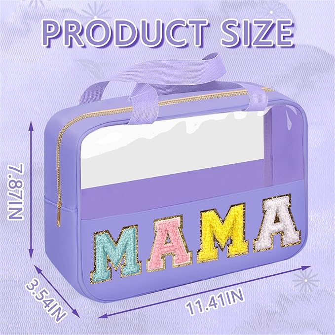 Chenille Letter Patch Mama Bag, Preppy Clear Makeup Cosmetic Bag Large Toiletry Storage Tote Bag with Handle, Transparent Nylon Waterproof Organizer Zipper Pouch for Travel Women Girls(Purple)
