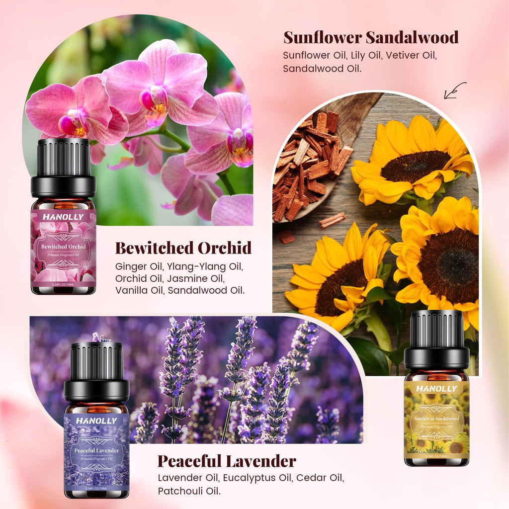 Floral Essential Oils Set - 6 Premium Fragrance Oil for Diffusers, Candle Making, Humidifier - Pink Peony, Wild Rose, Lavender, Sunflower Sandalwood, Bewitched Orchid, White Lily Aromatherapy Oil