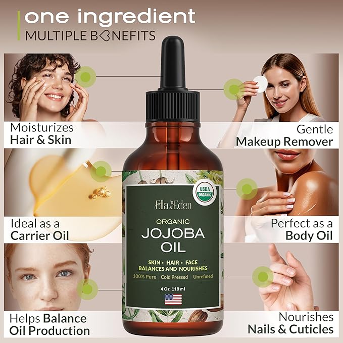 Organic Jojoba Oil, 100% Pure Cold-Pressed for Face, Skin & Hair, 4 Oz
