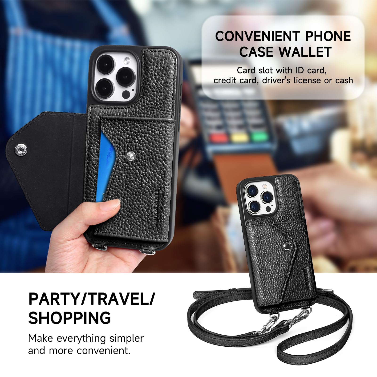 LUCKYCOIN Crossbody Phone Case for iPhone 15 Pro Max,100% Genuine Leather Phone Wallet Case for Women, Premium Hands-Free Phone Purse with Expandable Flip Card Holder & Adjustable Strap - Pebble Black
