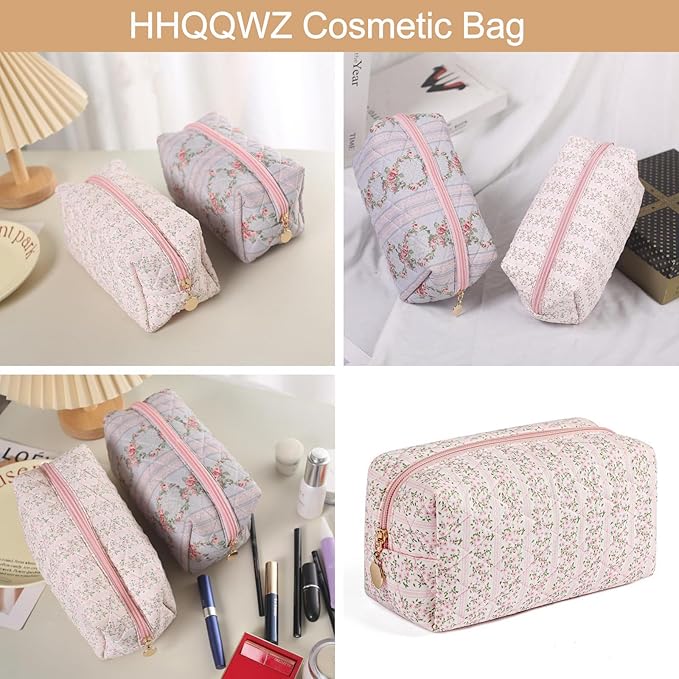 HHQQWZ Makeup Bag Travel Cosmetic Bag for Women Girls, Zipper Make Up Pouch, Floral Flowers Toiletry Organizer Makeup, Portable Storage Bag, Cosmetic Travel Cloth Bag (Blue)