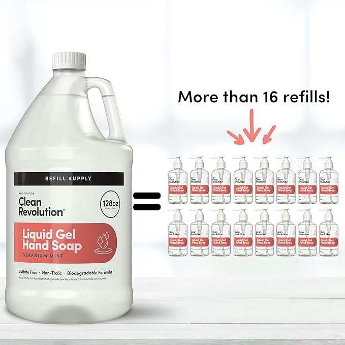 Clean Revolution Liquid Gel Hand Soap Refill with Real Essential Oils – Sulfate-Free Gel Hand Wash, Moisturizing Bulk Refill, Non-Toxic Formula, Made in the USA (Geranium Mint) 128 Fl Oz