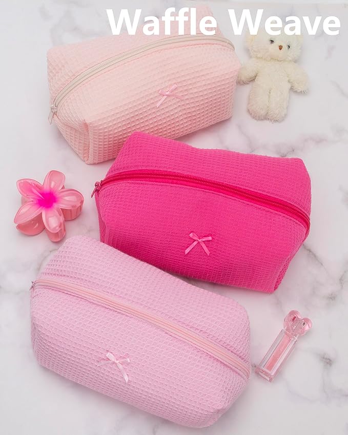 Cozy Makeup Bag for Women,Zipper Cosmetic Pouch,Waffle Hotpink,2 Pack