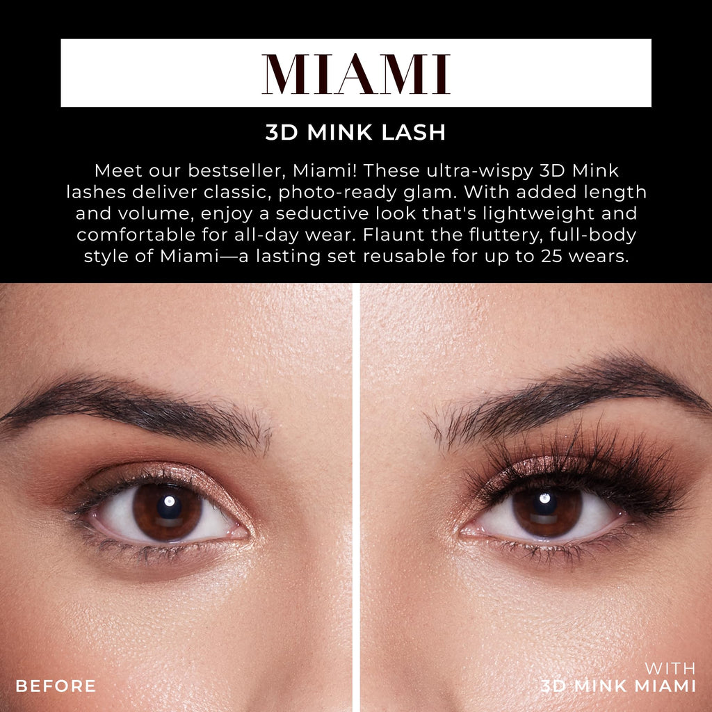 Lilly Lashes Miami 3D Mink Lashes, False Eyelashes Natural Look, Mink Eyelashes for Wispy & Natural Look, Reusable Up to 25 Wears, Fluffy Lashes