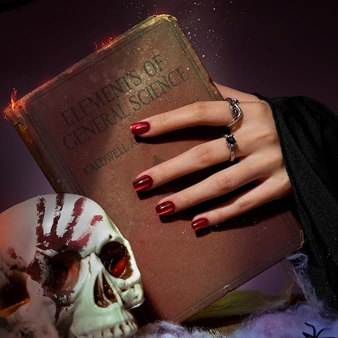 BTArtbox Press On Nails, Hot Love, Short Square, Red Cat Eye, 32Ct