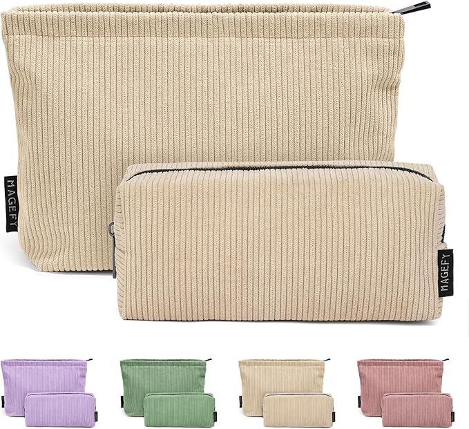 MAGEFY Small Makeup Bag 2 Pcs Corduroy Makeup Bag for Purse Zipper Make up Bag Travel Cosmetic Bag for Women Makeup Pouch for Travelling Preppy Stuff - Beige