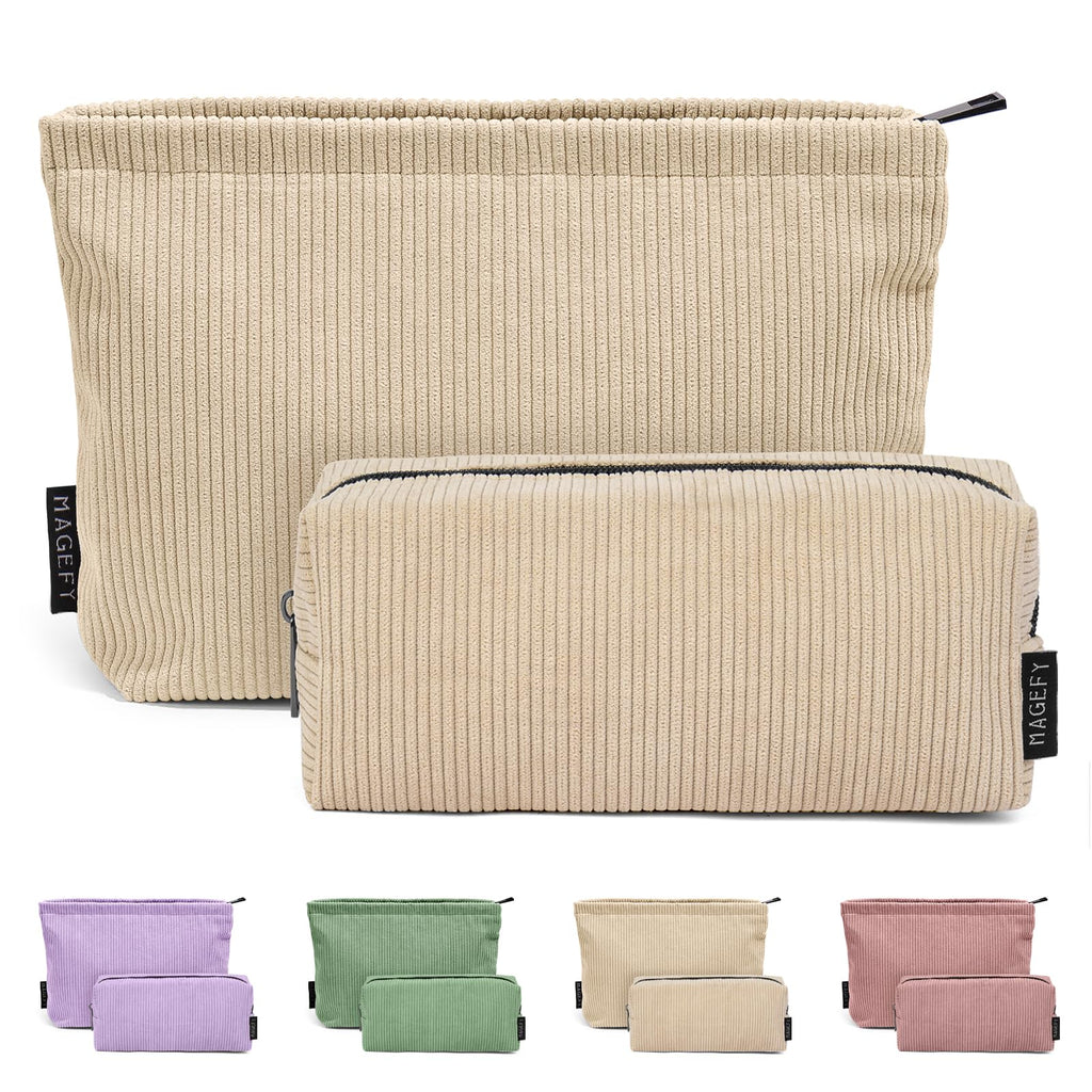 MAGEFY Small Makeup Bag 2 Pcs Corduroy Makeup Bag for Purse Zipper Make up Bag Travel Cosmetic Bag for Women Makeup Pouch for Travelling Preppy Stuff - Beige