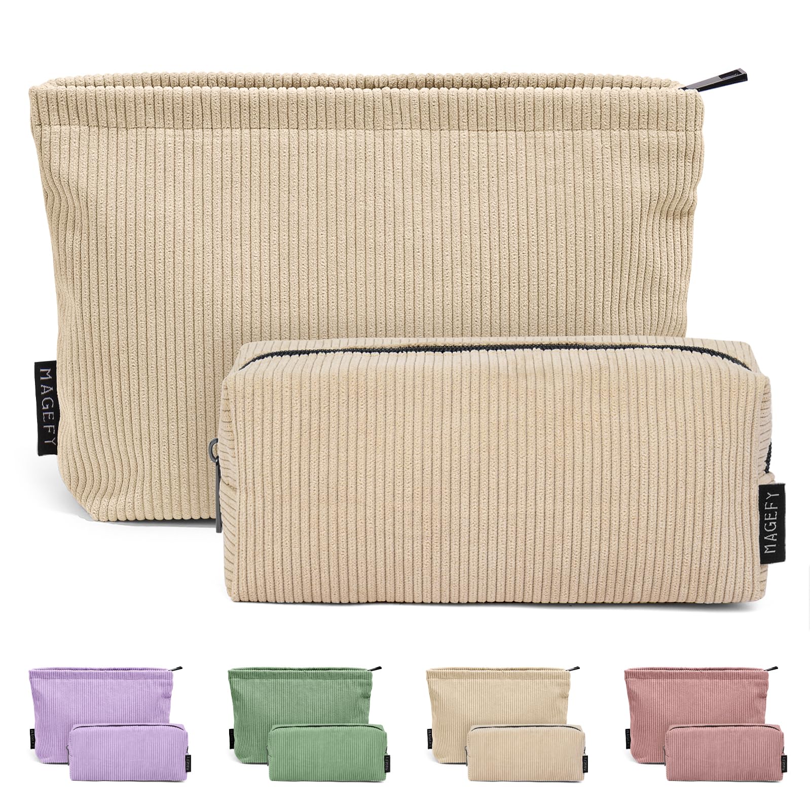 MAGEFY Small Makeup Bag 2 Pcs Corduroy Makeup Bag for Purse Zipper Make up Bag Travel Cosmetic Bag for Women Makeup Pouch for Travelling Preppy Stuff - Beige