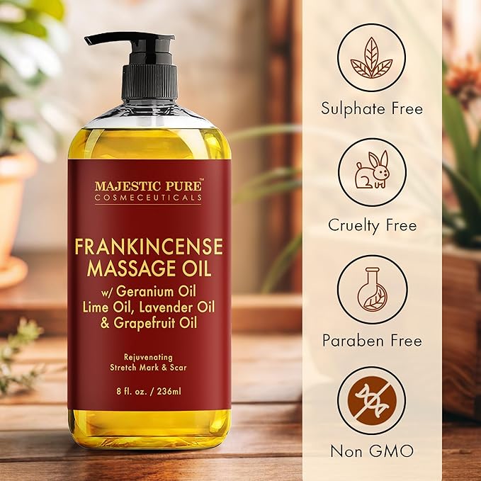 MAJESTIC PURE Frankincense Scar & Stretch Massage Oil for Massage Therapy- Refreshing and Relaxing- Natural Oils with Frankincense Essential Oil- All Skin Types- Men and Women Massage Lotion- 8 fl oz