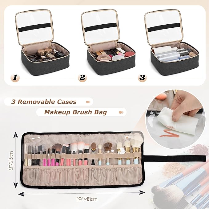 LUXJA Rolling Makeup Case with 3 Removable Makeup Bags and 1 Brush Holder