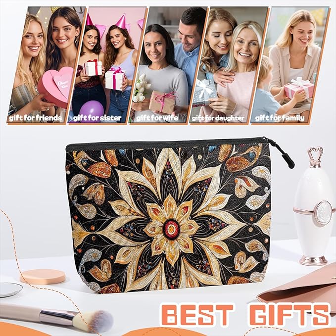 Scribesense Cosmetic Bags Travel Makeup Toilet Case Waterproof Pouch for Women Girls 6.7X9.45inches - Symmetrical Gold Flower Pattern
