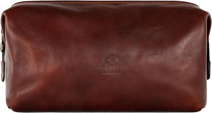 Time Resistance Leather Toiletry Bag - Italian Cosmetic Case Dopp Kit (Brown)