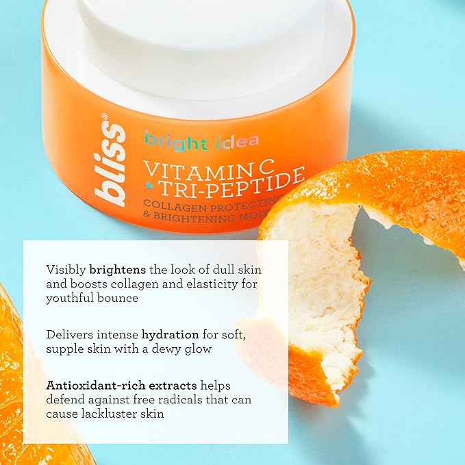 Bliss Vitamin C + Tri-Peptide Brightening Face Moisturizer, Hydrating Cream for Radiance, Firm-Looking Skin, Collagen Support, Dark Spot Reduction, with Squalane + Niacinamide, Cruelty Free, 1.7 fl oz