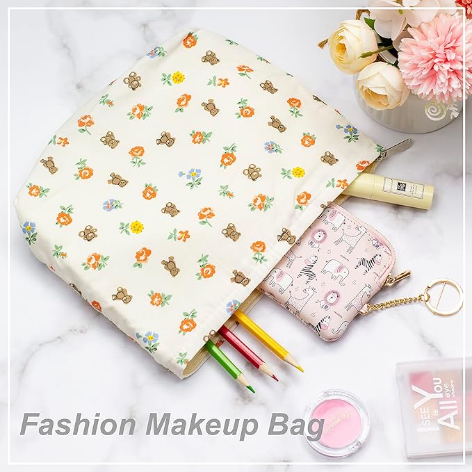 Flat Makeup Bag for Women,Zipper Cosmetic Pouch for Purse,Flower Bear White