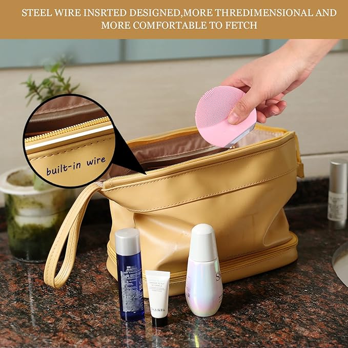 Abiudeng Large Makeup Bag for Women,Travel Makeup Organizer with Brush Holder, Dopp Kit Essentials,Waterproof PU Cosmetic Bag for Traveling,Multi Compartment, Cute,Spacious Capacity-yellow