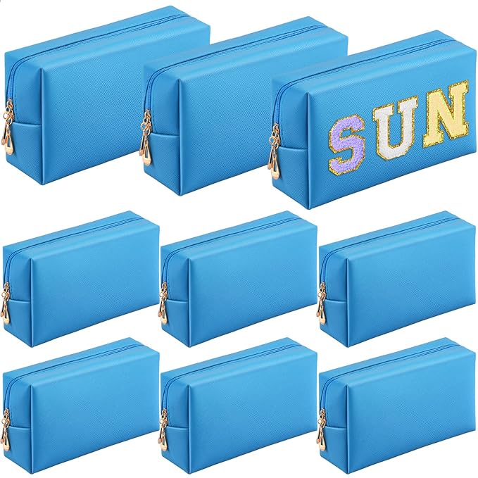 Sanwuta 9 Pcs Makeup Bags Bulk Bridesmaid Proposal Gifts Cosmetic Bags Preppy PU Leather Double Zipper Toiletry Pouch Portable Travel Organizer Case for Women Bachelorette Gift(Blue)