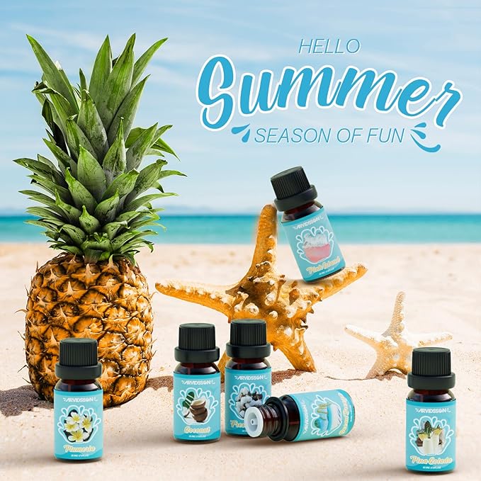ARVIDSSON Summer Essential Oils Set, Tropical Fragrance Oil for Diffuser, Soap and Candle Making - Ocean Breeze, Pina Colada, Fresh Cotton, Pink Sand, Plumeria, Coconut, Scented Oil for Home