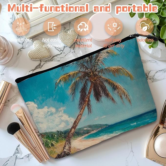Scribesense Cosmetic Bags Travel Makeup Toilet Case Waterproof Pouch for Women Girls 6.7X9.45inches - Tilted Coconut Tree on A Tropical Beach