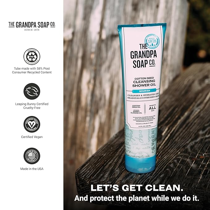 The Grandpa Soap Company Cotton Seed Cleansing Shower Oil - Hydrates Dry Seasonally-Stressed Skin, Nourishing and Moisturizing, With Cotton Seed Oil and Sweet Almond Oil, 9.5 Fl Oz., 2 Pack