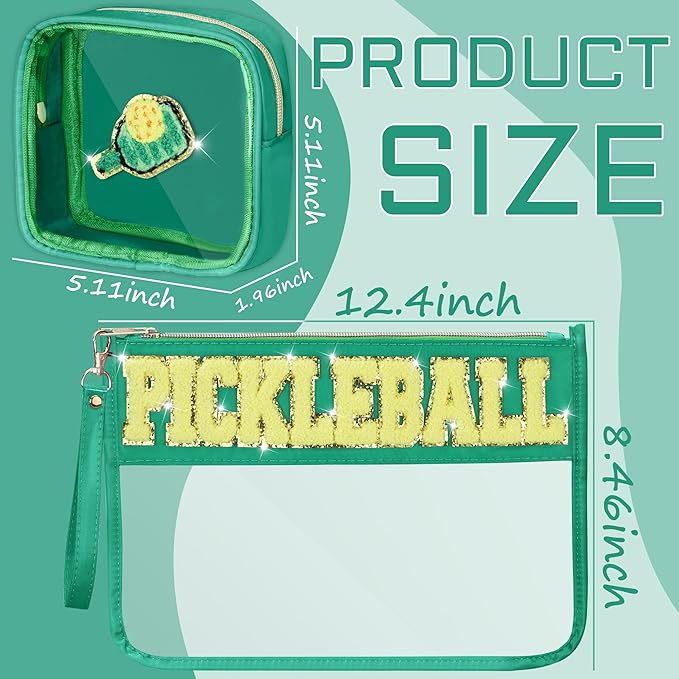 BuyCard 2 Pcs Pickleball Gifts Cosmetic Makeup Bag with Chenille Letter Patch, Clear Pouch PVC Organizer Purse, Waterproof Travel Bag, Portable Toiletry Storage Bag for Her Girls Friends Women