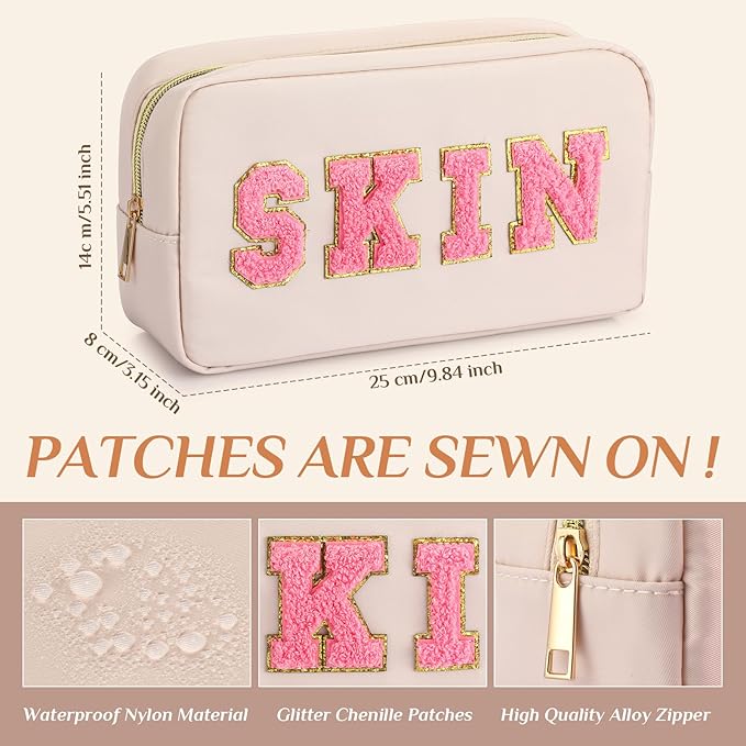 Remerry 4 Pcs Nylon Makeup Bags Waterproof Spacious Travel Cosmetic Bag for Women Chenille Letter Preppy Zipper Pouch Face Stuff Skin Hair Organizer Gift(Gentle White)