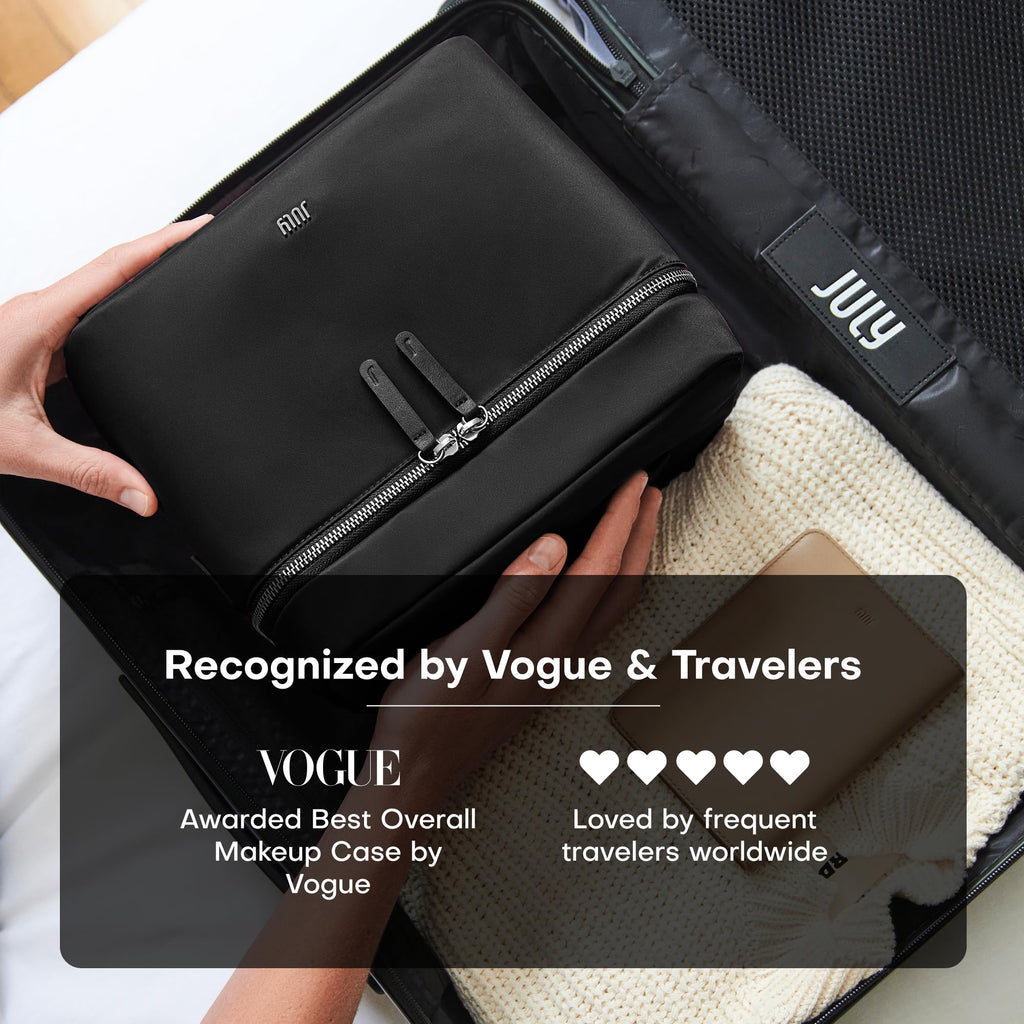 July Vanity Cosmetic Case - Stylish Travel Makeup Bag for Women with Removable Wet Pouch, Upright Bottle Design, Clear Top Pocket, Leather Handle, Travel Essentials, Toiletry Organizer - Black