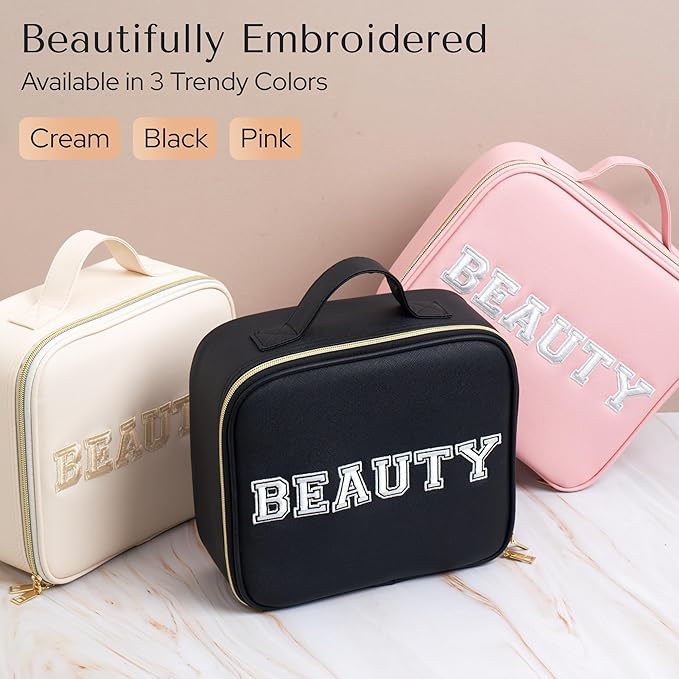 Aura In Bloom Makeup Bag with LED Mirror – Travel Cosmetic Organizer with Lighted Mirror, Adjustable Dividers & Brush Holder Storage – Portable PU Leather Makeup Case for Women & Girls - Pink