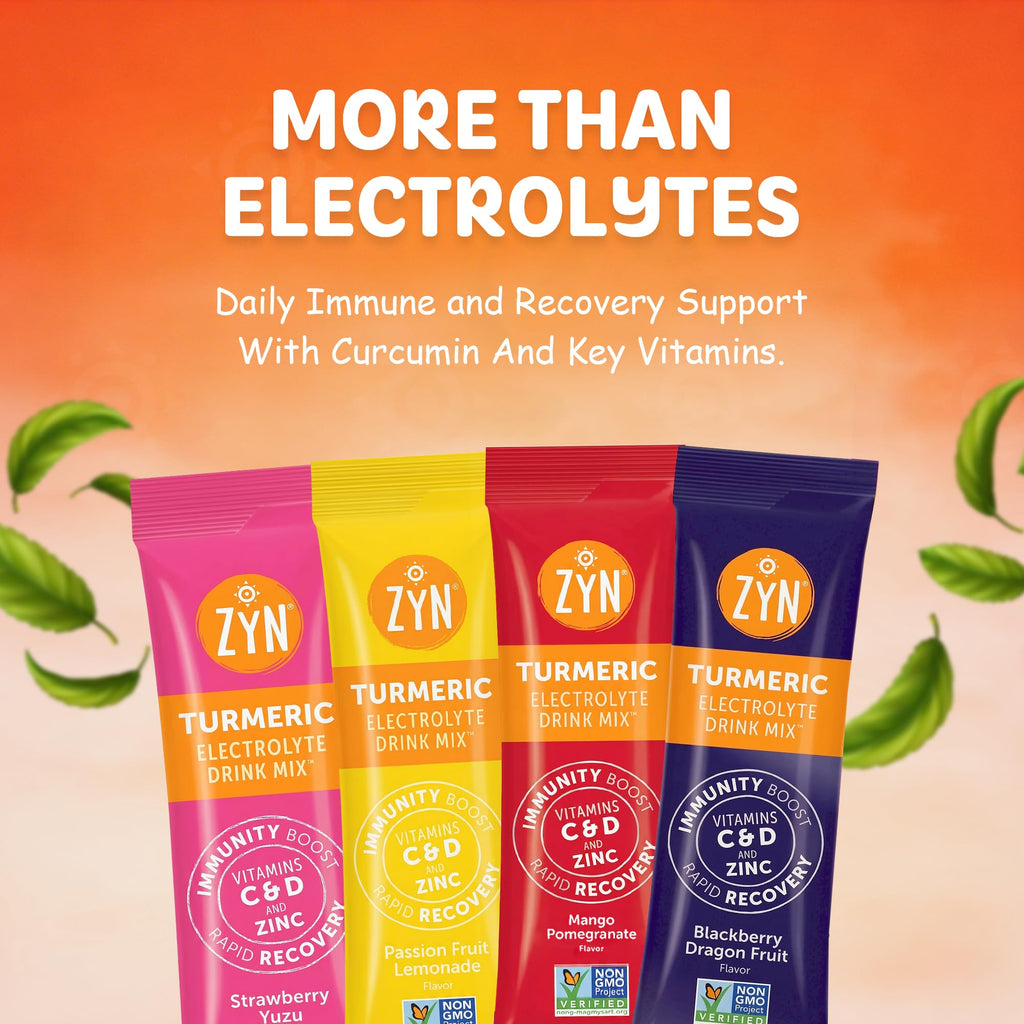 ZYN Electrolyte Drink Mix Hydration Packets, Electrolytes Powder, Hydration Packets w/Turmeric Curcumin, Vitamin C and D, Zinc, Hydrate Electrolyte Powder Packets for Wellness, Variety Pack of 32