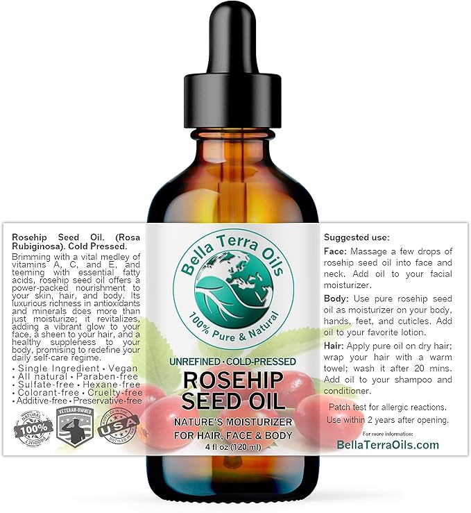 Bella Terra Oils - Organic Rosehip Oil 4 oz - Hailing from the Finest Rosa Mosqueta, Abundant in Omega-6 & Omega-3 Fatty Acids, Pure Radiance for Face