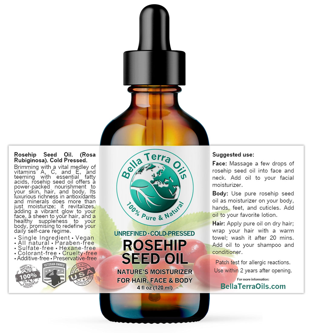 Bella Terra Oils - Organic Rosehip Oil 4 oz - Hailing from the Finest Rosa Mosqueta, Abundant in Omega-6 & Omega-3 Fatty Acids, Pure Radiance for Face