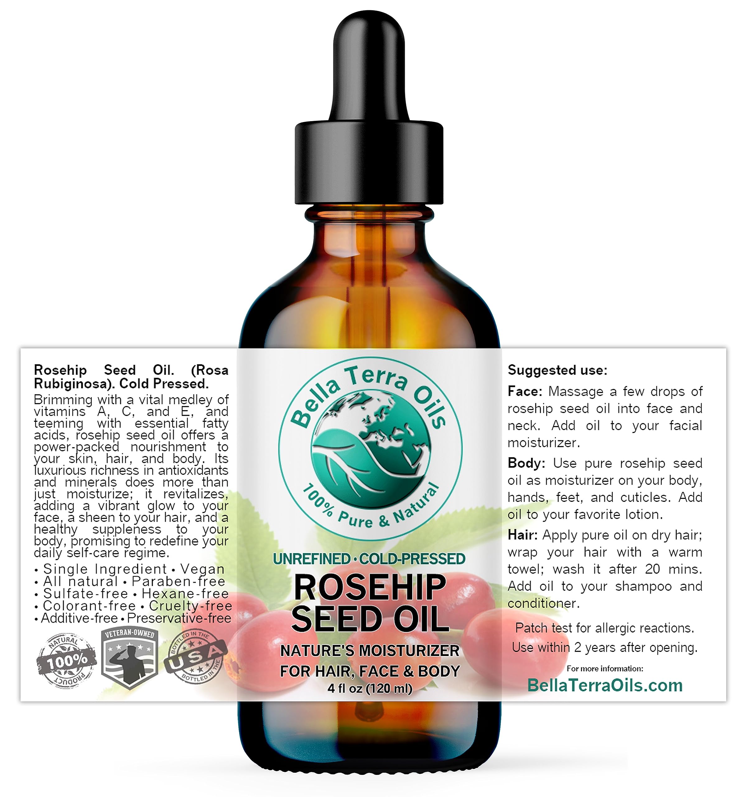 Bella Terra Oils - Organic Rosehip Oil 4 oz - Hailing from the Finest Rosa Mosqueta, Abundant in Omega-6 & Omega-3 Fatty Acids, Pure Radiance for Face