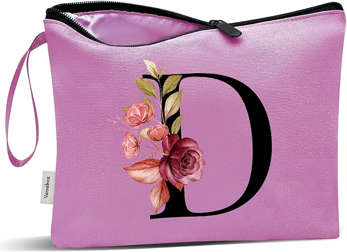 Vavabox A-Z Personalized Makeup Bag, Birthday Gifts for Women Mom, Gifts for Best Friend, Bride Bridesmaid Cosmetic bag (D, 07-Purple)