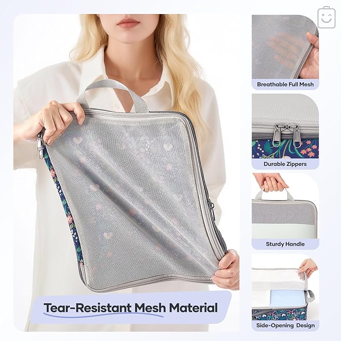 Veken 9/11 Set Compression Packing Cubes Garment Bags for Travel Essentials,Compressible Expandable Luggage Organizer Bags,Space Saver Bags with Over 1000 pcs of Mesh Holes(Dark Blue Floral)