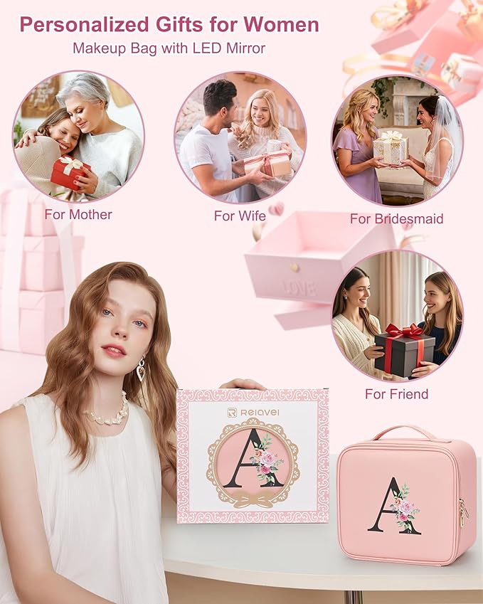 Relavel Initial Makeup Bag with LED Mirror for Women Girls, Personalized Travel Cosmetic Organizer Train Case, Birthday Gifts for Grandkids Bridesmaid Graduation Teacher Friends, Trendy Stuff, Pink G