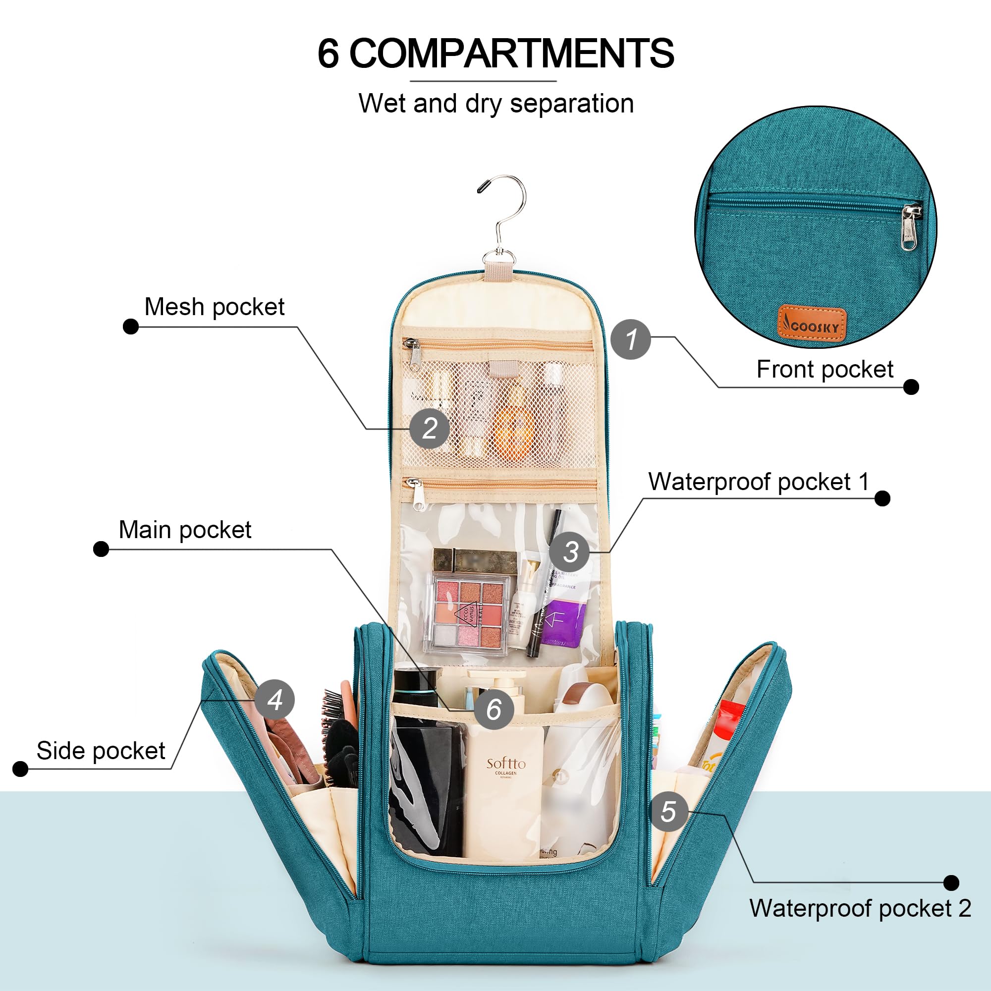 Travel Hanging Toiletry Bag for Women and Men, 6 Organizer Compartments, Holds Full Size Bottles, Extra Large Cosmetic Accessories, Makeup essentials, Bathroom Water-resistant Toiletries Bag, Blue