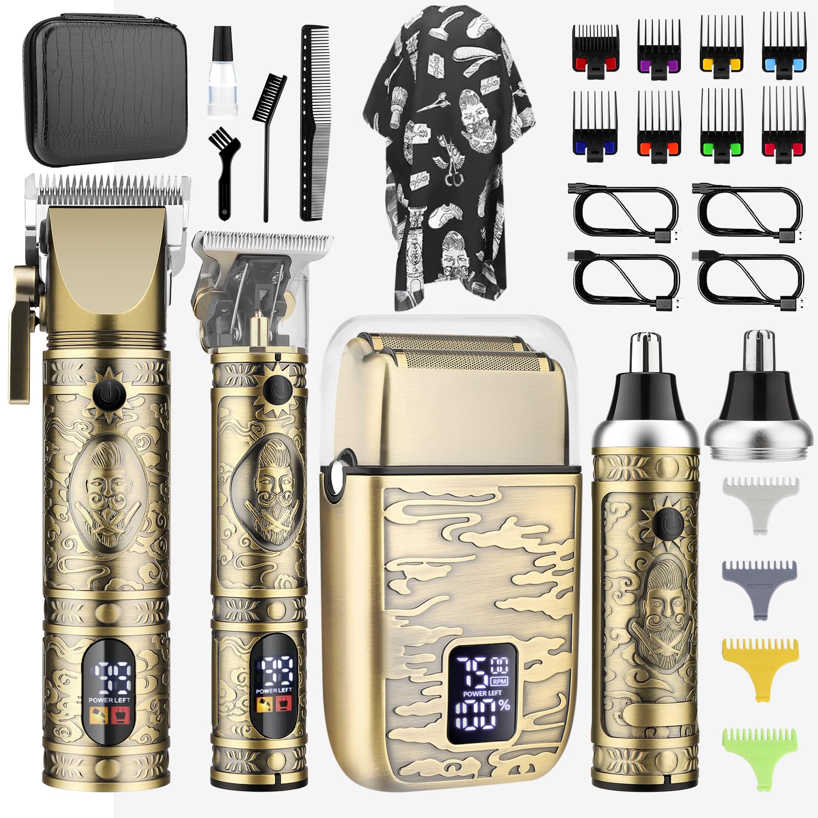 Bomxin Professional Hair Clippers for Men,Cordless Barber Clippers and Trimmers Set,Beard Trimmer for Men，Electric Razor Foil Shavers for Ear, Face, Nose, Barber Kit with LCD Display (Bronze)