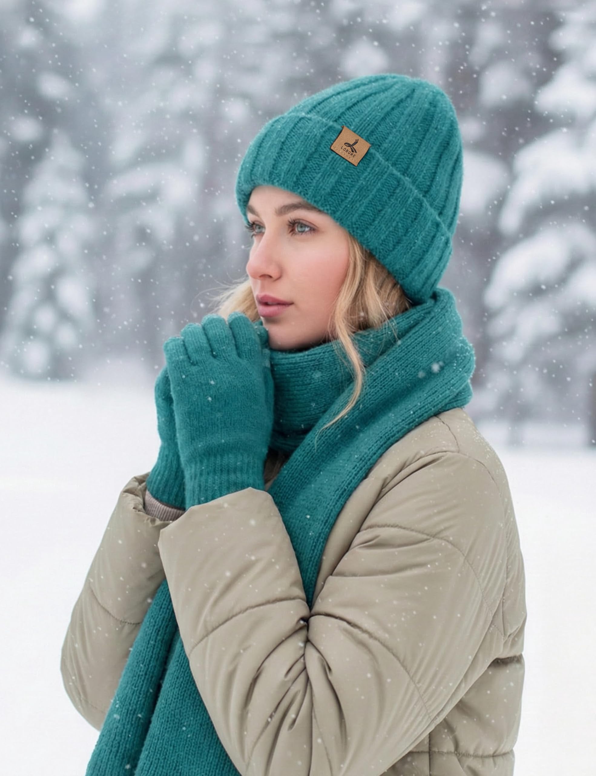 LOROME Winter Beanie Hat Gloves Scarf, Cashmere Hat Gloves Scarf Set Women