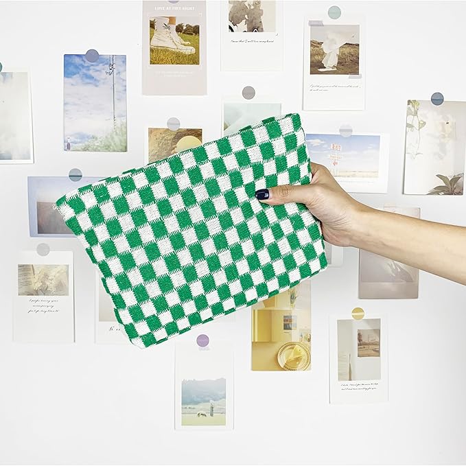PAZIMIIK Checkered Makeup Bag for Purse, Small Flat Cosmetic Pouch,Green
