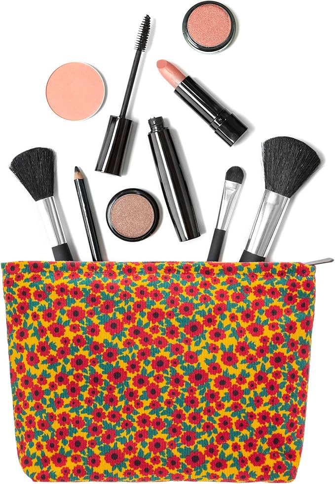 Flat Makeup Bag for Women,Zipper Cosmetic Pouch for Purse,Floral Red