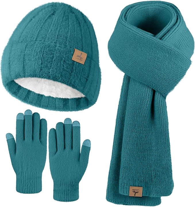 LOROME Winter Beanie Hat Gloves Scarf, Cashmere Hat Gloves Scarf Set Women