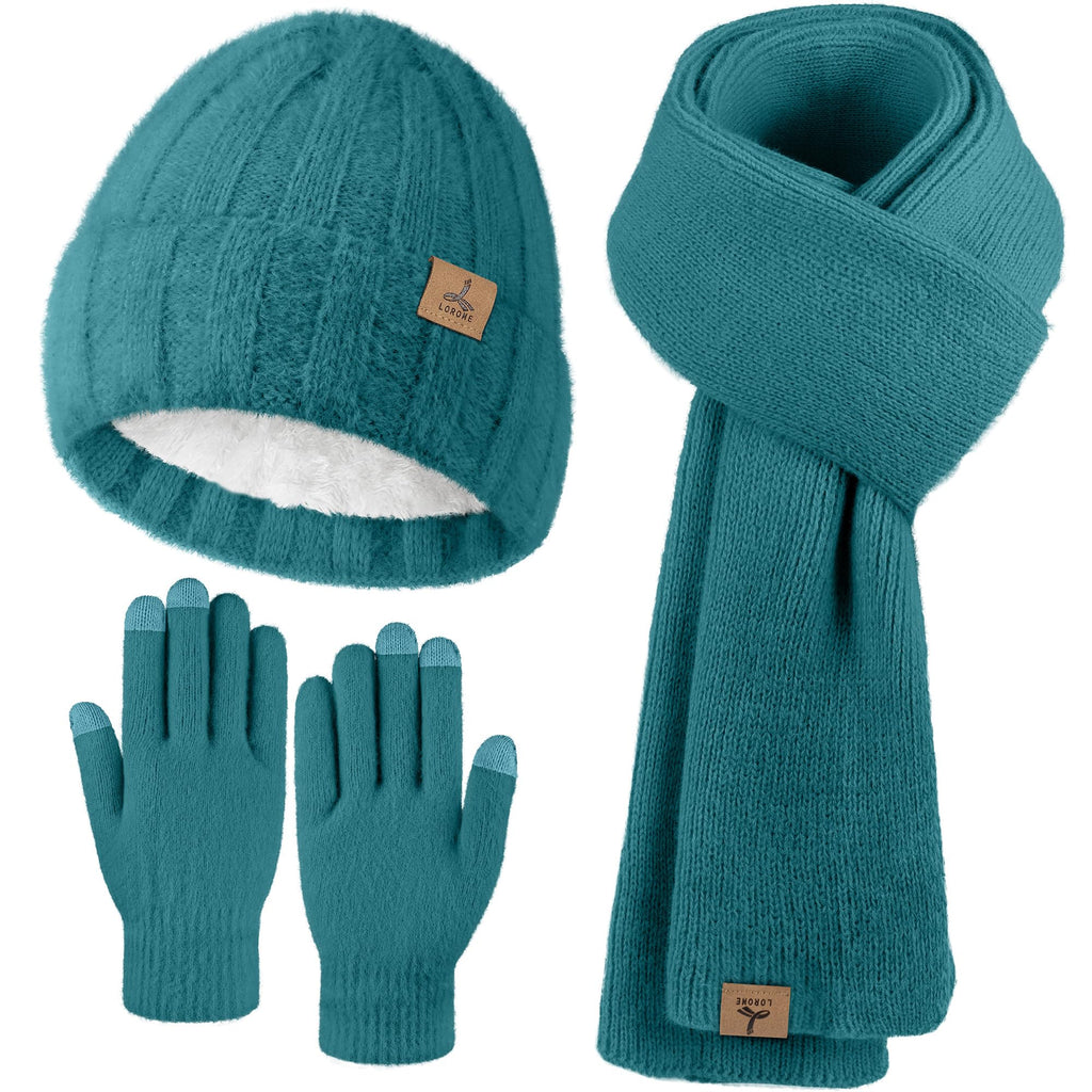 LOROME Winter Beanie Hat Gloves Scarf, Cashmere Hat Gloves Scarf Set Women