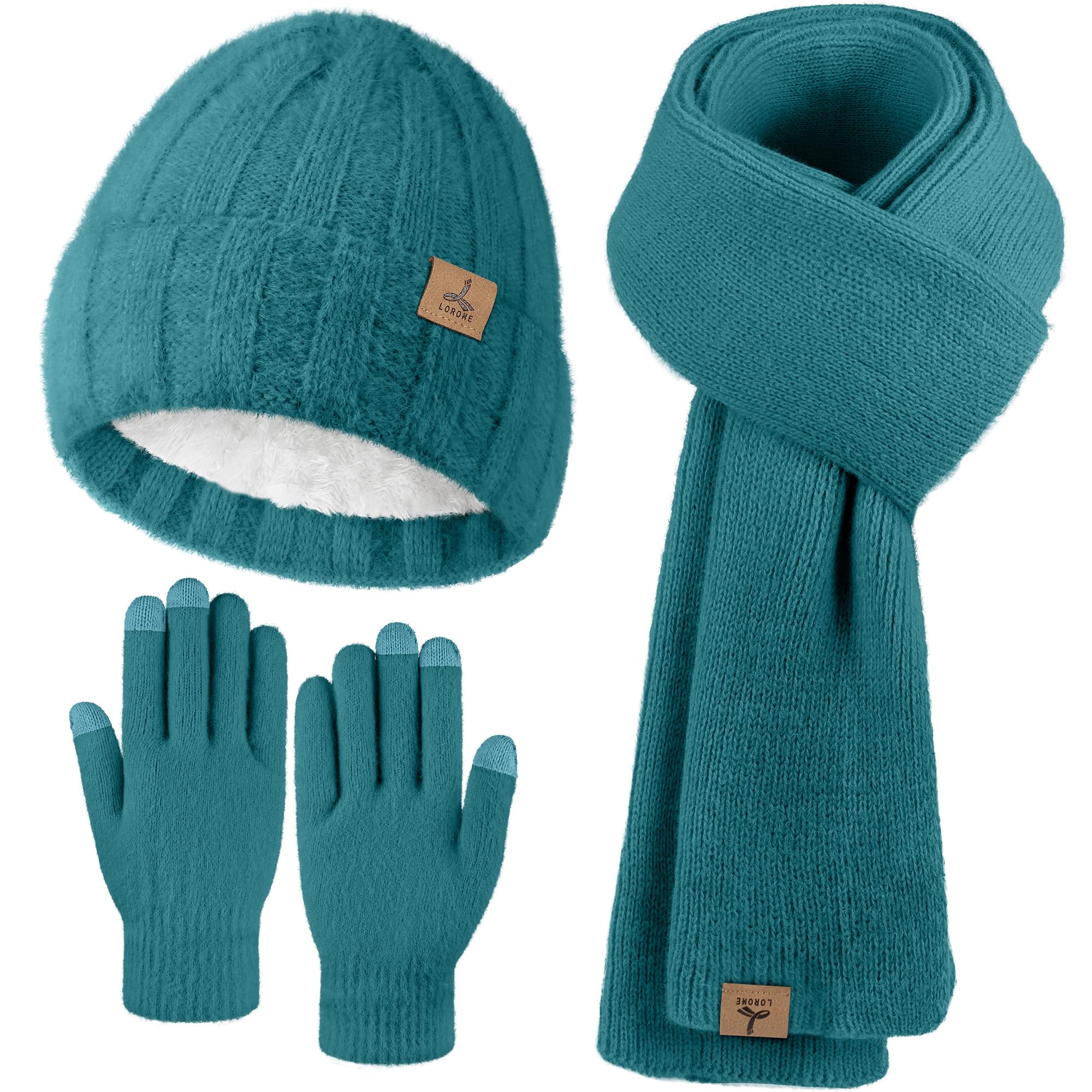 LOROME Winter Beanie Hat Gloves Scarf, Cashmere Hat Gloves Scarf Set Women