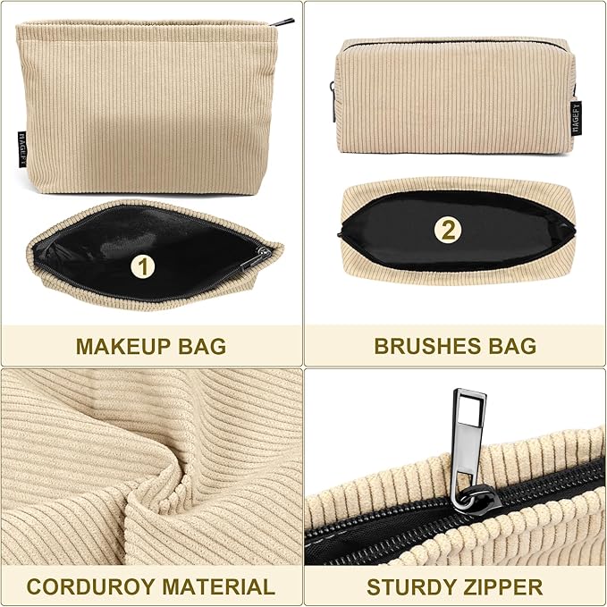 MAGEFY Small Makeup Bag 2 Pcs Corduroy Makeup Bag for Purse Zipper Make up Bag Travel Cosmetic Bag for Women Makeup Pouch for Travelling Preppy Stuff - Beige
