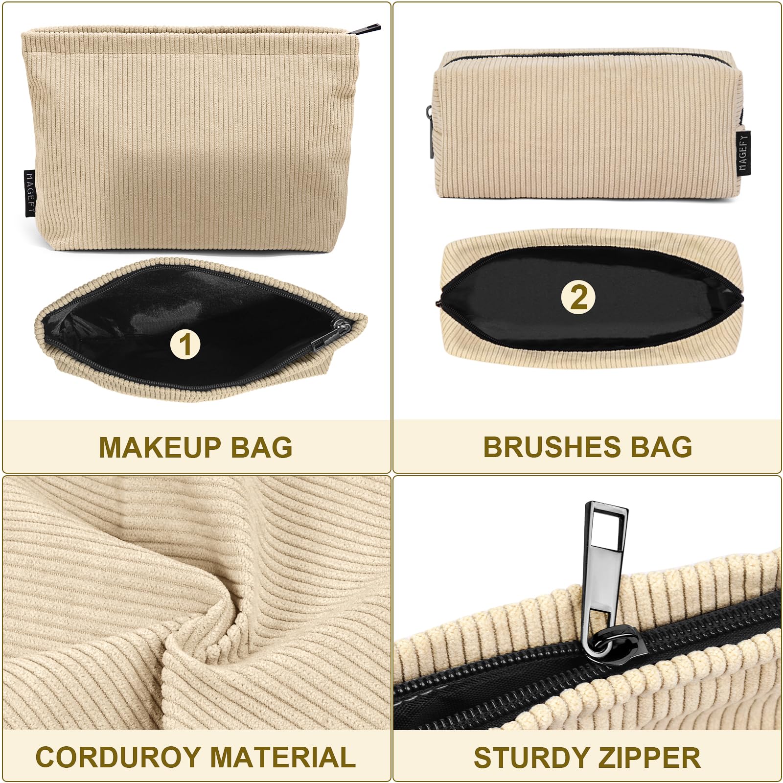 MAGEFY Small Makeup Bag 2 Pcs Corduroy Makeup Bag for Purse Zipper Make up Bag Travel Cosmetic Bag for Women Makeup Pouch for Travelling Preppy Stuff - Beige