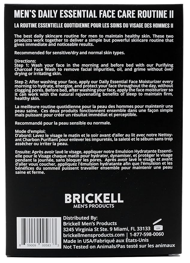 Brickell Men's Daily Essential Face Care Routine II, Purifying Charcoal Face Wash and Daily Essential Face Moisturizer, With Activated Charcoal, Hyaluronic Acid, and Aloe, Scented, Skincare Gift Set
