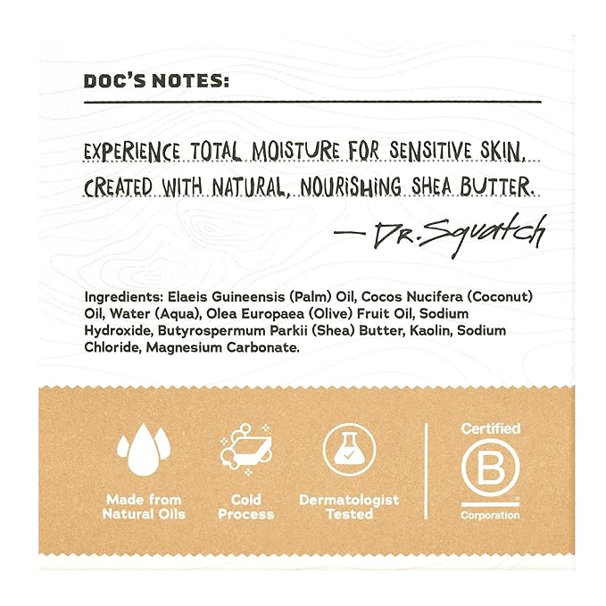 Dr. Squatch Total Moisture Natural Men’s Bar Soap – No Added Fragrance, Safe for Sensitive Skin, Plant-Based Ingredients – Non-Drying Face + Body Soap Bar – Gifts for Men – Shea Butter, 5oz (3-Pack)